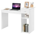 thumbnail image 1 of Small White Computer Desk with Drawers and Printer Shelves, Wood Study Writing Table Compact PC Laptop Workstation for Small Space Home Office, 1 of 2