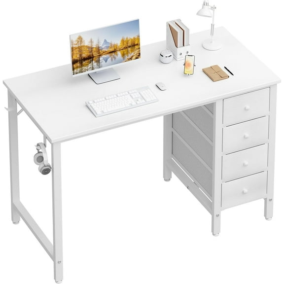 Small White Desk with Drawers for Bedroom, 40 Inch Kids Girls Study Desks, Reversible Computer Writing Nail Table with Fabric Drawer for Small Spaces Home Office Manicure