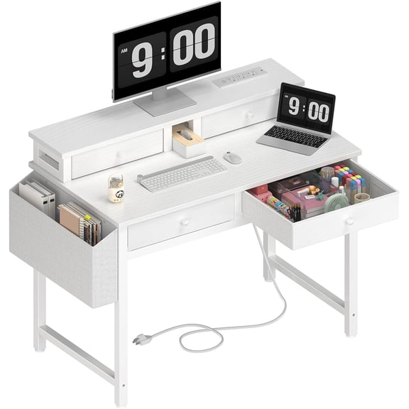 MY Small White Desk with Fabric Drawers for Bedroom, 32 inch Vanity Makeup Desk with Drawers Storage for Home Office, Writing Study Table with Power Outlet & Monitor Stand, White