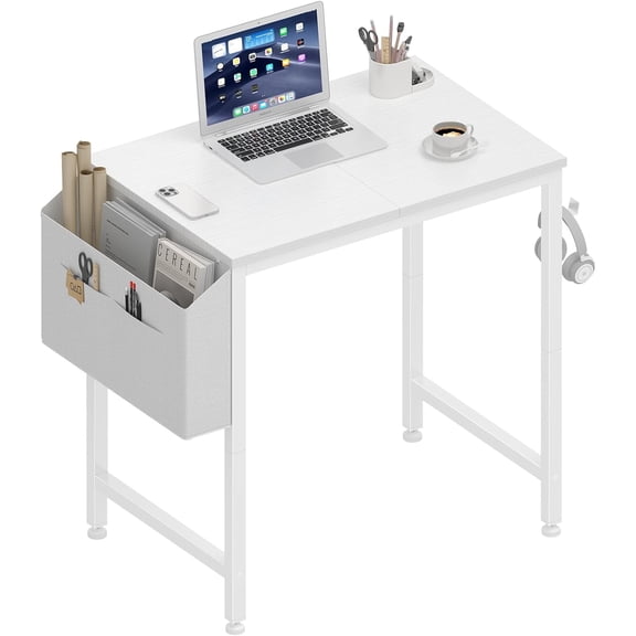 Small White Desk for Small Spaces 24 Inch Kids Study Writing Mini Desk with Storage Bag and Headphone Hook