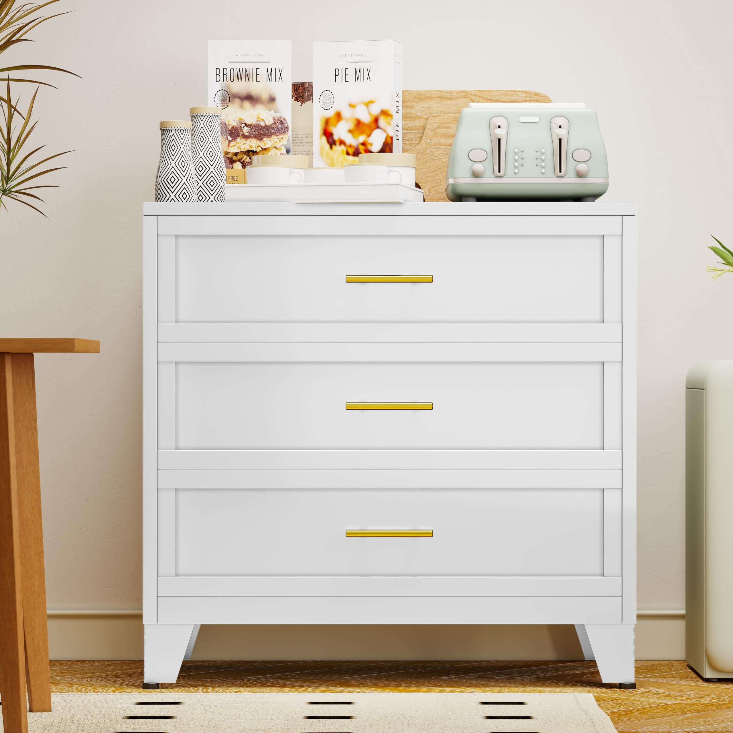 Small White Dresser with 3 Drawers, Metal Storage Cabinet for Bedroom ...