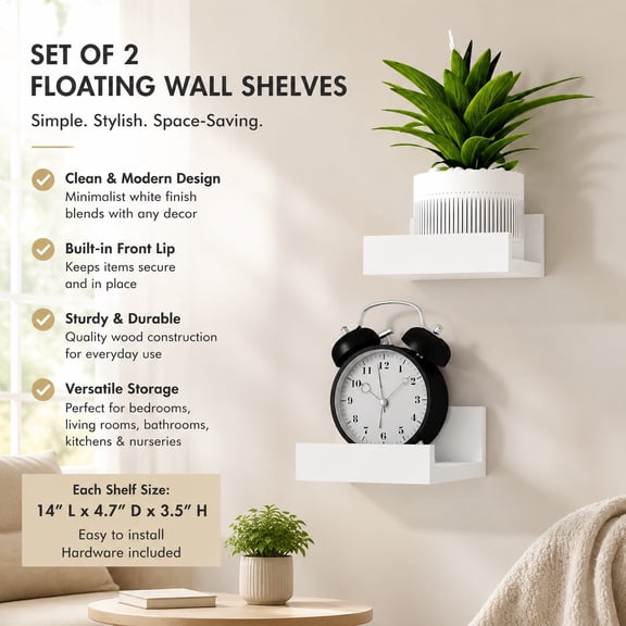 Small White Floating Wall Shelves, Set of 2 Wood Display Ledge with Lip for Bedroom, Living Room, Kitchen, Bathroom, Nursery, Modern Decor