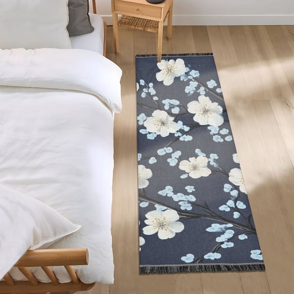 Small White Flowers Bedroom Runner Rug 2'x 6' Non Slip Carpet Indoor Home Area Rug Living Room