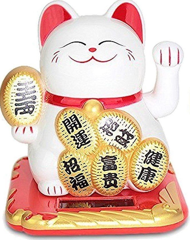 Small White Fortune Happy Cat Maneki Neko Solar Toy Home Decor Gifts B11853