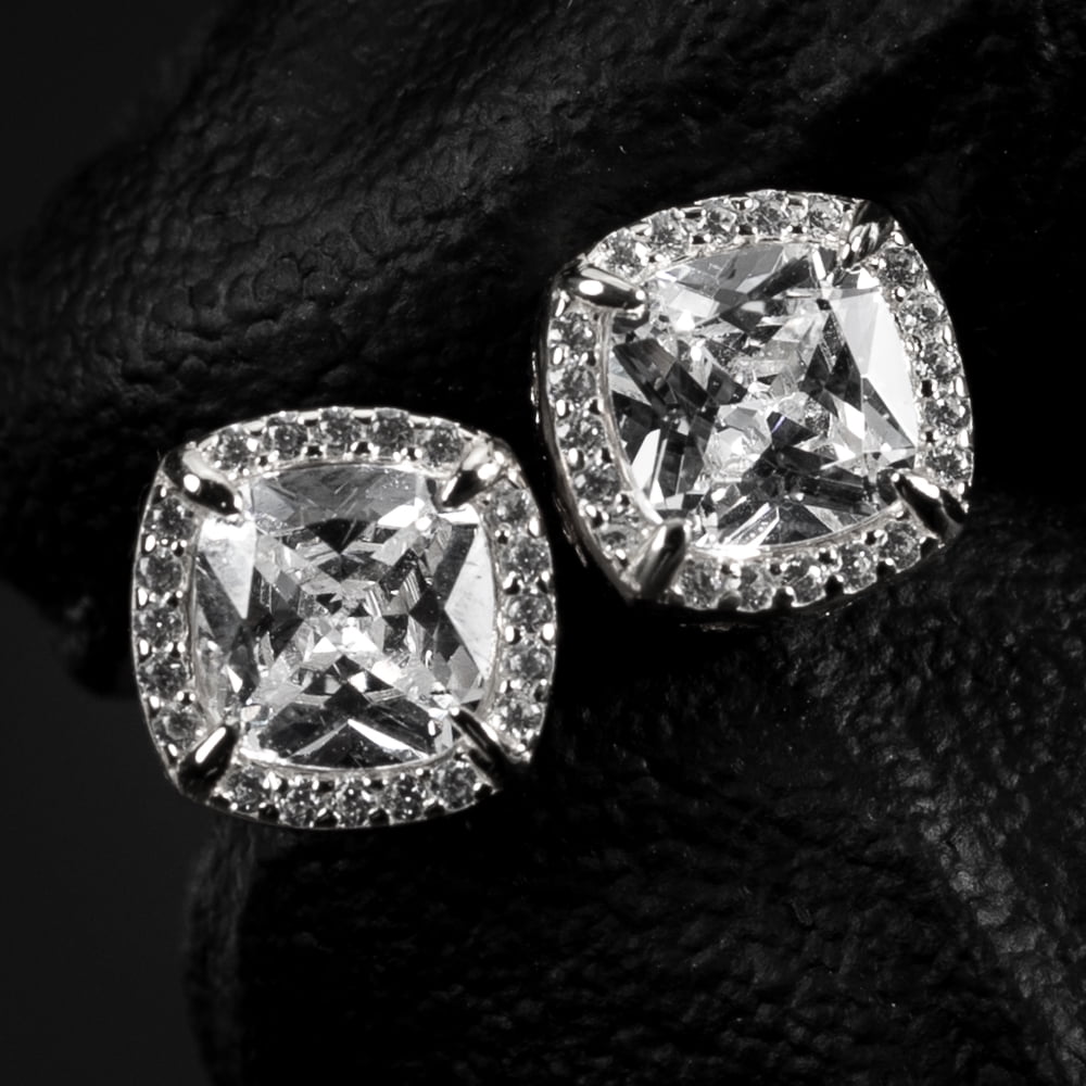 Small White Gold Plated 925 Sterling Silver Women’s Men’s Iced Cushion Cut CZ Halo Flower Cluster Circle Hip Hop Trendy Tiny Unisex Cubic Zirconia Stud Screw Back Earrings