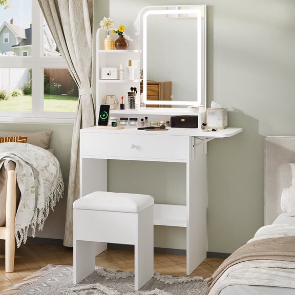 NEDYO Vanity Desk with LED Light Mirror & Power Outlet , Makeup Table with Shelves and Drawers, Cushioned Storage Stool, Vanity Set for Small Space Bedroom, White