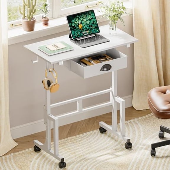 Small White Standing Computer Desk with DrawersHeight Adjustable Home Office Sit Stand Up Desk with 4 Wheels 2 Hooks Portable Rolling Work Study Gaming Table for Laptop Tablet Walking Pad Treadmill