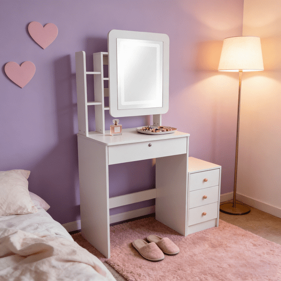 Small White Vanity Desk Set with LED Lighted Mirror, Chair Included, Lockable Drawer + 3-Drawer Storage Cabinet & Side Shelves, Space-Saving Makeup Table for Bedroom