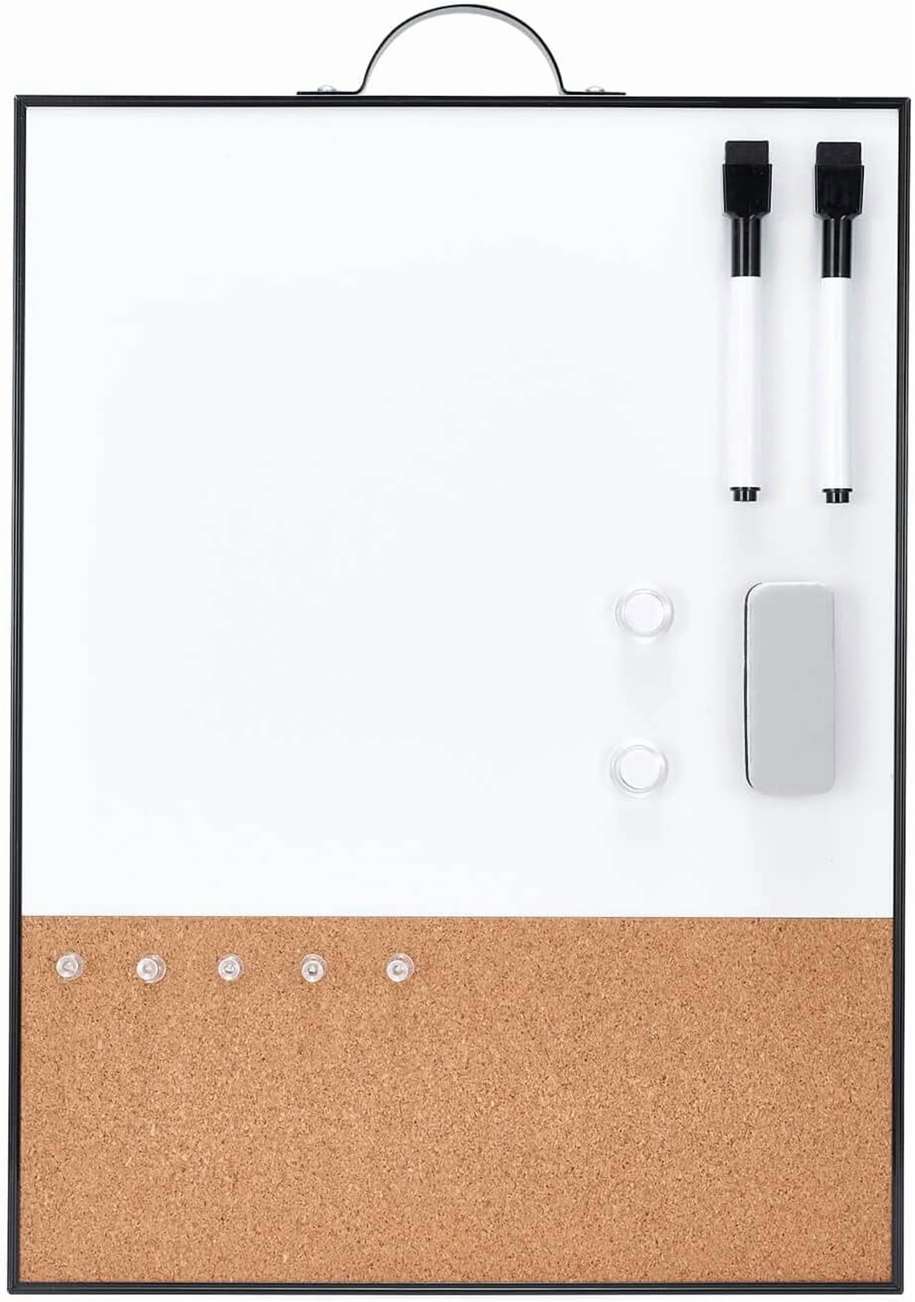 Small Whiteboard Cork-Board - 16" X 12" Portable Aluminum Black Framed Magnetic Dry Erase Board, Small Bulletin Cork Board with Holder for Office, Home and School