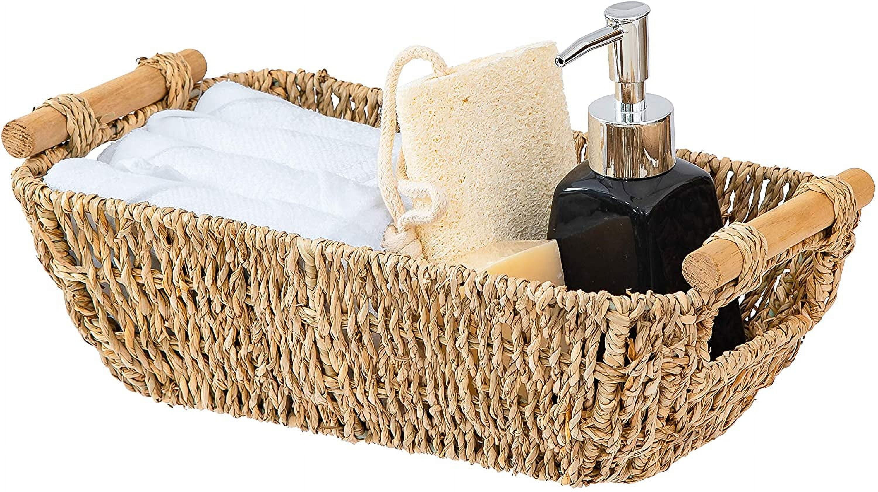 Small Wicker Basket for Bathroom Woven Seagrass Basket with Wooden Handles for Towels Wash Cloth Toilet Paper Toiletries and Miscellaneous Items