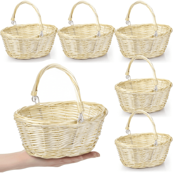 Small Wicker Basket with Handle Flower Girl Baskets Oval Willow Woven Braided Gift Basket for Weddings Picnic Baby Shower Home Garden Decor(6 Pcs,Khaki,9" x 7" x 4")