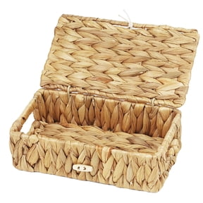 Small Wicker Basket with Lid, Natural Water Hyacinth Storage Baskets for Organizing, Rectangular Woven Basket for Storage, Decorative Boxes Bins with Lids and Built-in Handles (10.2" x 6.3" x 3.9")