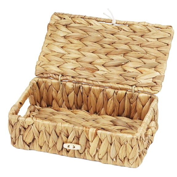 Small Wicker Basket with Lid, Natural Water Hyacinth Storage Baskets for Organizing, Rectangular Woven Basket for Storage, Decorative Boxes Bins with Lids and Built-in Handles (10.2" x 6.3" x 3.9")