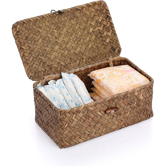 Small Wicker Basket with Lid Rectangle Woven Baskets for Toiletries Tampon Storage,Wicker Storage Lid,Decorative Seagrass Shelf Bathroom Toilet Table, Coffee