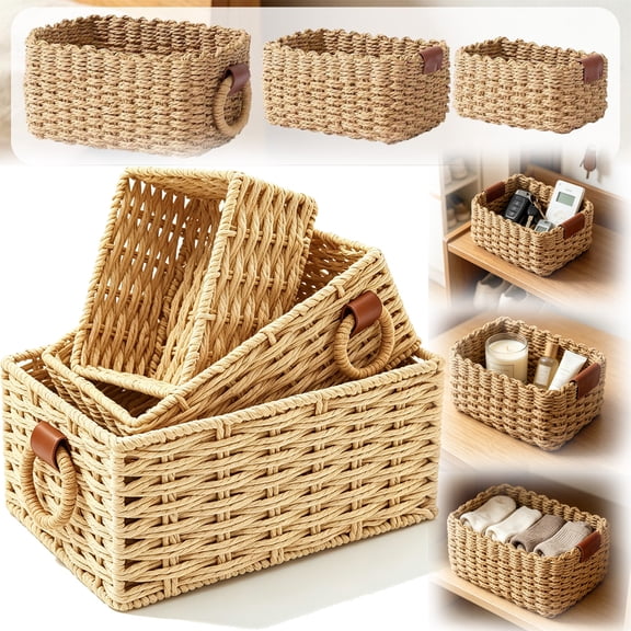Small Wicker Basket for Organizing, Wicker Baskets for Storage - Handwoven Natural Paper Rope Baskets to Declutter Any Room, Perfect for Organizing and Home Decor, S