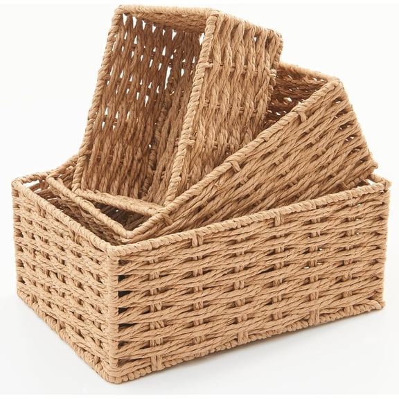 Small Wicker Basket for Organizing, Woven Storage Basket Set of 3 - Handwoven Natural Paper Rope Baskets to Declutter Any Room, Perfect for Organizing and Home Decor
