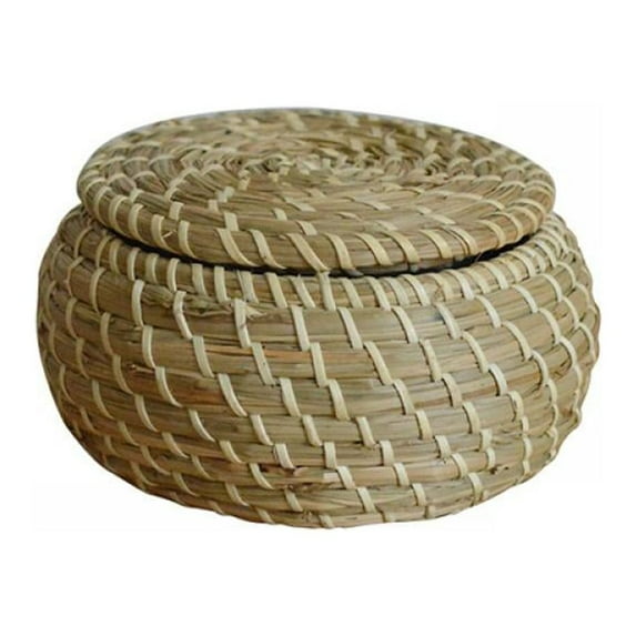 Small Wicker Basket with Lid, Round Woven Seagrass Baskets, Little Handmade Rattan Storage Basket Box for Shelf, Home, Bathroom Decor