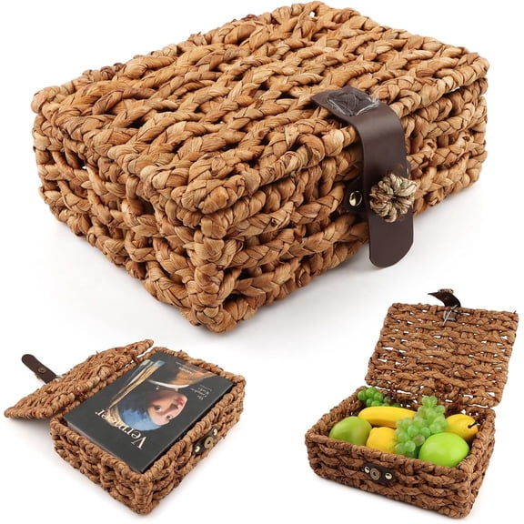 Small Wicker Basket with Lid, Water Hyacinth Woven Decorative Box for Shelf, Rectangular Multipurpose Organizer Display Boxes for Shelf Organizer
