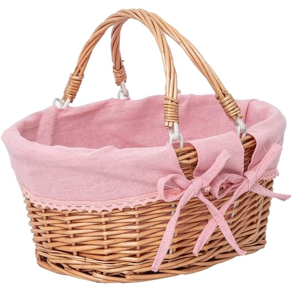 Small Wicker Basket with Removable Pink Liner, Willow Storage Basket for Gifts with Double Handles, Easter Basket,Wedding,Egg Gathering,Pink