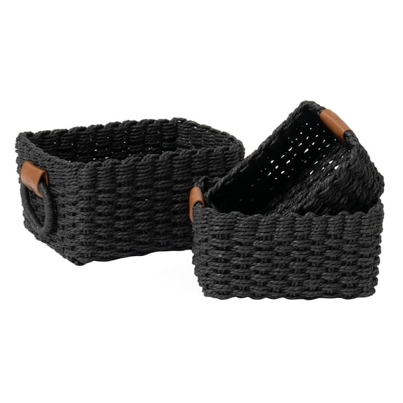 Small Wicker Baskets for Organizing, Recycled Paper Rope Storage Basket Container Bins for Shelves Bathroom Cupboards Drawer, Decorative Square Basket Organizer Set of 3