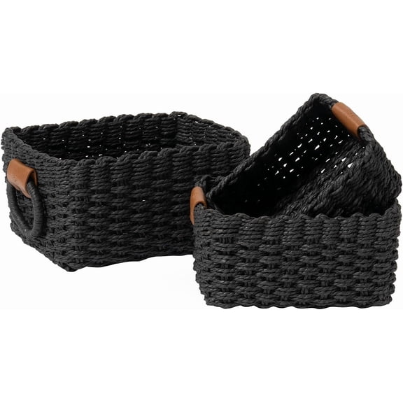 Small Wicker Baskets for Organizing, Recycled Paper Rope Storage Basket Container Bins for Shelves Bathroom Cupboards Drawer, Decorative Square Basket Organizer Set of 3, Black