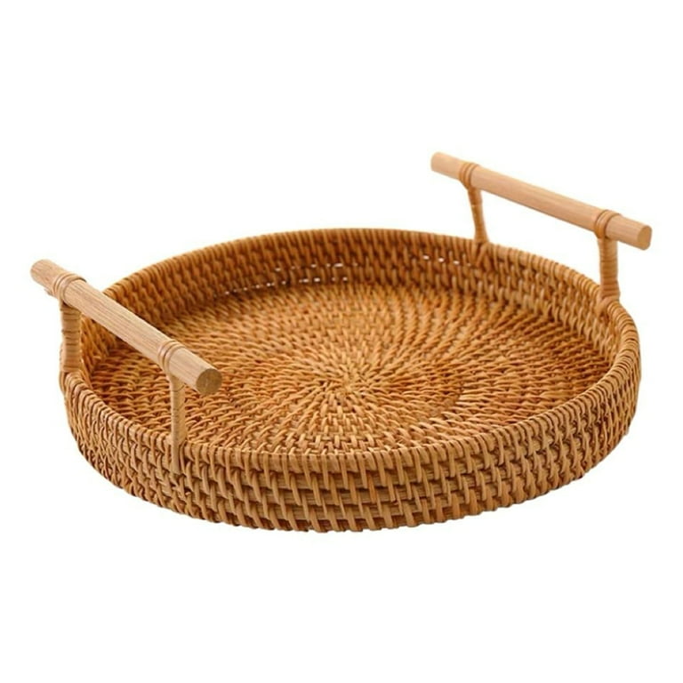 Small Wicker Baskets Tray, Rattan Round Serving Trays with Wooden