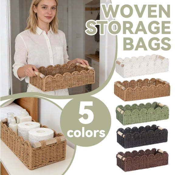 Small Wicker BasketwithHandle, Wicker Storage Basket, Small Storage Basket, 12X5 In, Black Storage Basket, Scalloped Wicker Basket, Storage Organizer, Wood Grip, 1 Pc