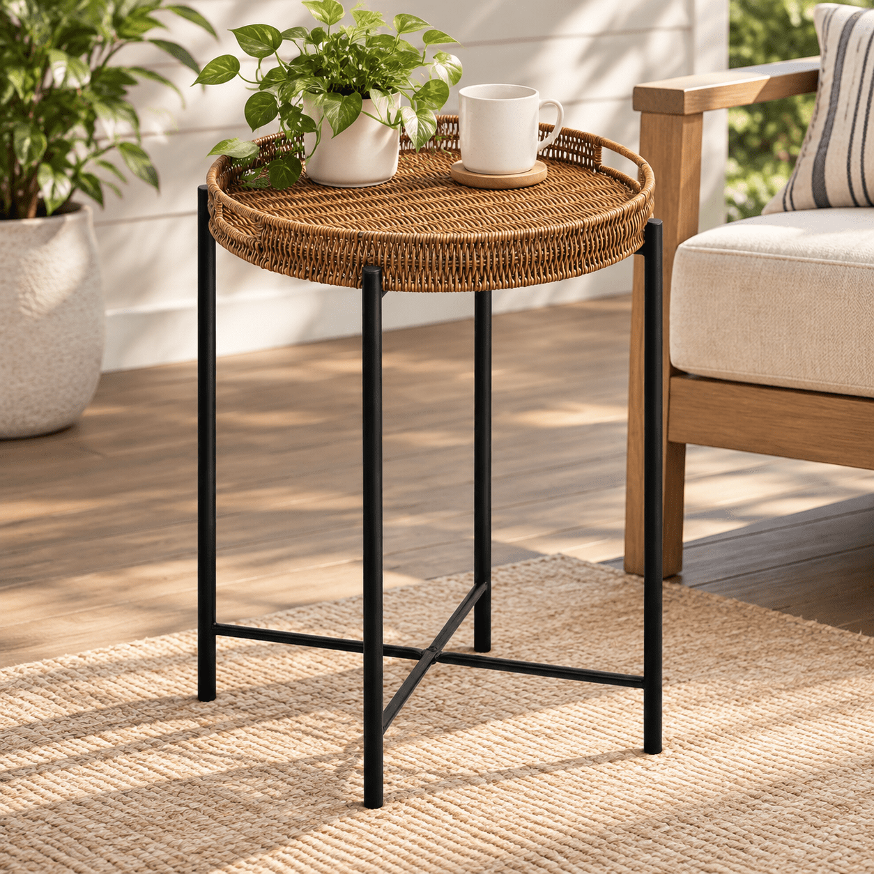 Small Rounded Ratan Bench Small Wicker Round End Table, 16.5 in Rattan End Tables with Removable ...