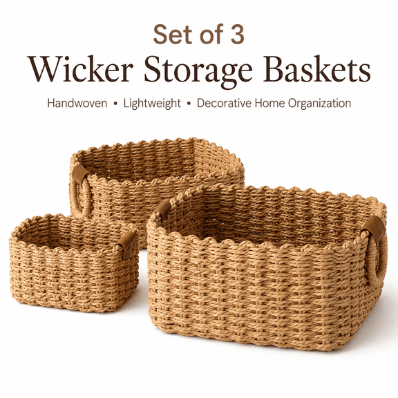 Small Wicker Storage Baskets Set of 3, Recycled Paper Rope Organizer Bins with Handles, Decorative Handwoven Basket Containers for Shelves, Bathroom, Cupboards, Drawers and Home Storage
