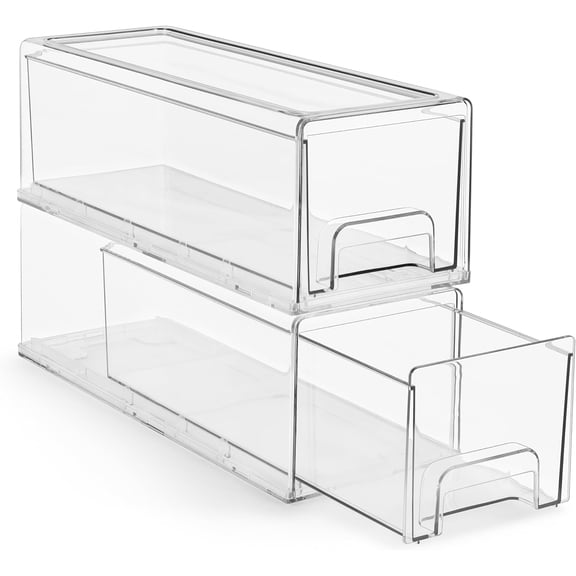 Small Wide Clear Stackable Storage Drawers 2-Pack with Handles