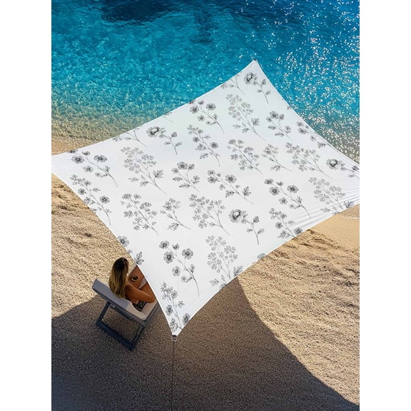 Small Wildflowers Sun Shade Sail 12' x 16', Rustic Floral Gray Flower Leaves Botanical Rectangle Outdoor Sunshade Canopy, Waterproof UV Block Patio Covers for Garden Yard Beach