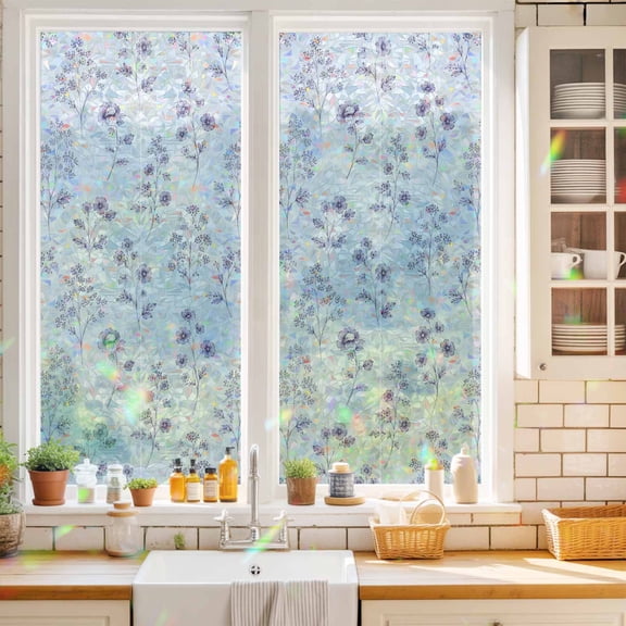 Small Wildflowers Window Privacy Film Rustic Floral Purple Flower Leaves Botanical Static Cling Stained Glass Window Film Non-Adhesive Decorative Decals Rainbow Sticker 17.7"X39.3"