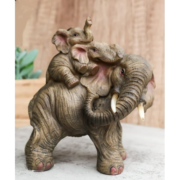 Small Wildlife Elephant Father And 2 Calves On Piggyback Playing Statue 5.25"H