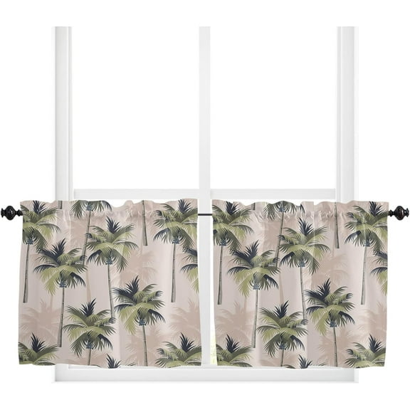 Small Window Curtain 24 Inch Length Tropical Plant Palm Tree Summer Beach Cafe Curtains for Window Rod Pocket Privacy Short Kitchen Curtains for Cafe Kitchen Bathroom, 2 Panels