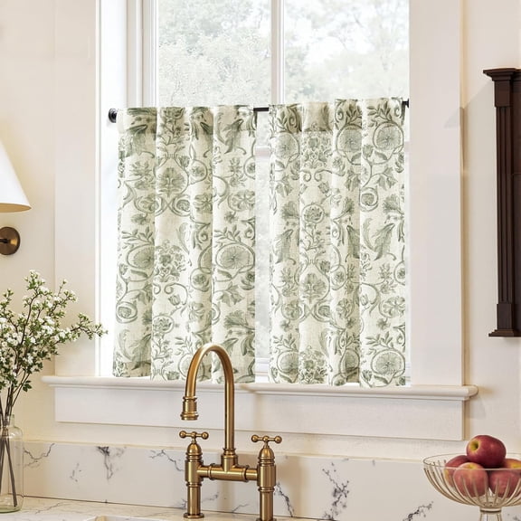 Small Window Curtains 36 Inch Linen Floral Curtain Set for Kitchen Bathroom Cafe Curtains Light Filtering Window Treatment Farmhouse Cottagecore Back Tab Drapes 2 Panels Green on Beige