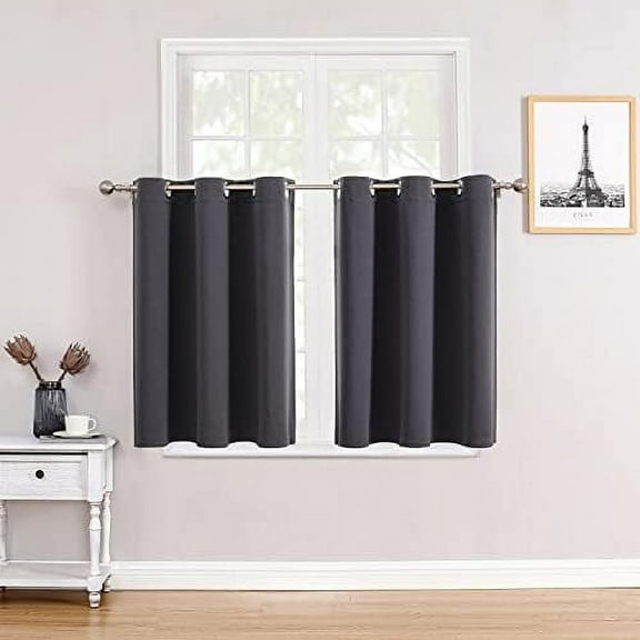 Small Window Curtains for Kitchen and Bedroom - Grommet Short Thermal Insulated Room Darkening Curtains (2 Panels, Dark Grey, 34 x 36 Inch)