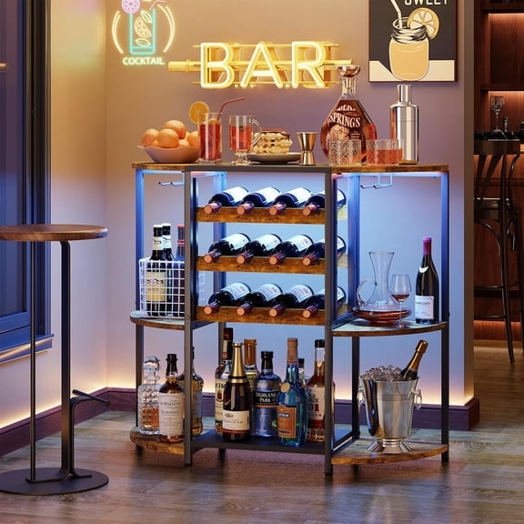 Small Wine Bar Cabinet with LED Lights, Wine Rack with Storage and Glass Holder, Home Bar Cart for Liquor, 3-Tier Bar Table for Kitchen, Dining Room, Living Room, Rustic Brown