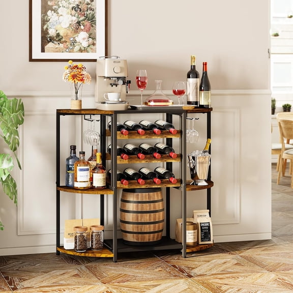 Small Wine Cabinet with LED Lights, Mini Wine Rack with Storage and Glass Holder, Home Cart for Liquor, 3-Tier Table for Kitchen, Dining Room, Living Room, Rustic Brown