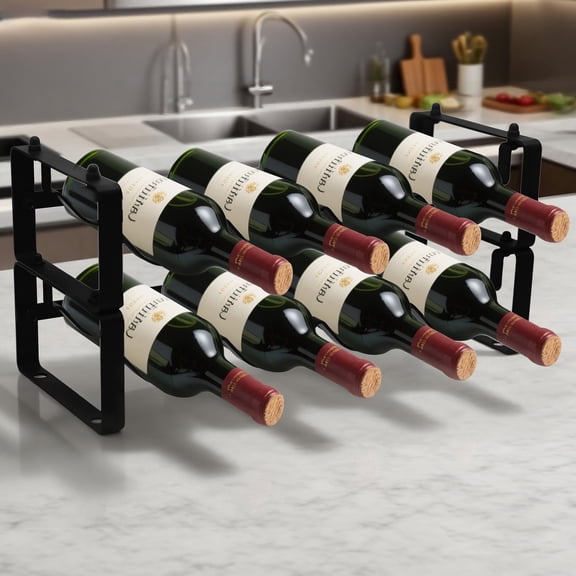 Small Wine Rack for 8 Bottles – Expandable & Stackable Metal Wine Rack for Cabinet, Countertop, Floor, or Small Spaces – Compact Wine Storage Shelf for Kitchen, Bar, or Pantry (2 Tier, Black)