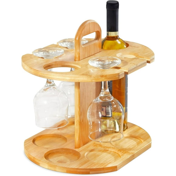 Small Wine Rack, Bamboo Wine Racks Countertop with Glass Holder, 2 Bottle Holder & 4 Glass Rack