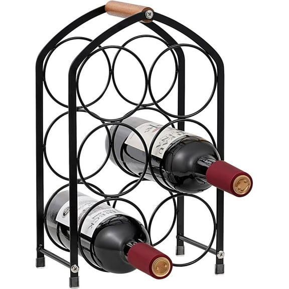 Small Wine Racks Countertop. Stylish Wine Holder Countertop with Modern Arched 6-Bottle Metal Wine Rack Design.Wood Handle.Effortless Assembly, Perfect for Cabinet,Bar &Kitchen (Black)