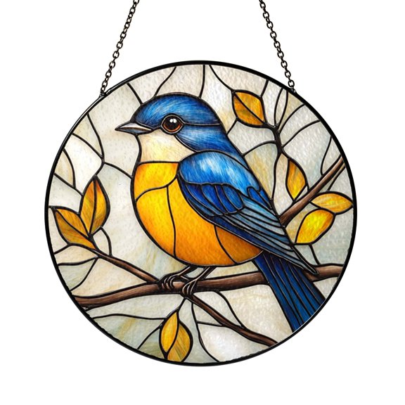 Small Winter Bird Glass Window Ornament, Snow Covered Branch Scene Decorative Light Catching Art for Home Window Spaces