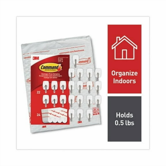 Small Wire Hooks, Small, Plastic/Metal, White, 0.5 lb Capacity, 22 Hooks and 24 Strips/Pack | Bundle of 10