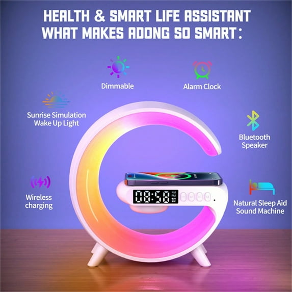 Small Wireless Speaker With Alarm Clock - Wireless Charger Stand, Bedside Lamp RGB Night Light Suitable for Bedroom Home Decoration