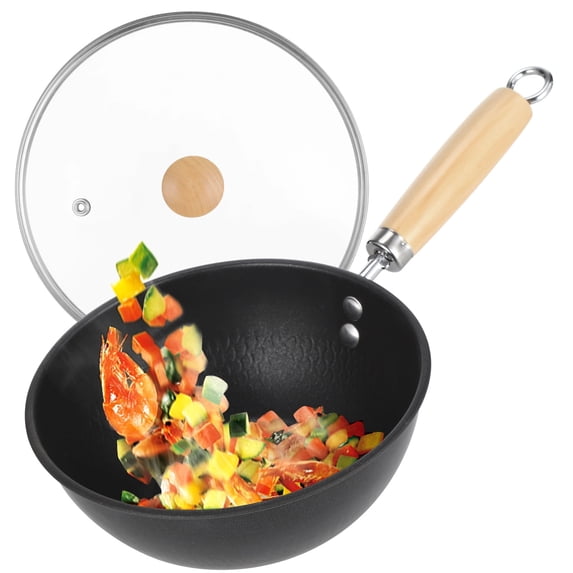 Small Wok Pan with Lid, 8" Non-stick Mini Frying Pan, Compact Coating-less Cast Iron Skillet with Wooden Handle for Induction, Gas, Ceramic Stove
