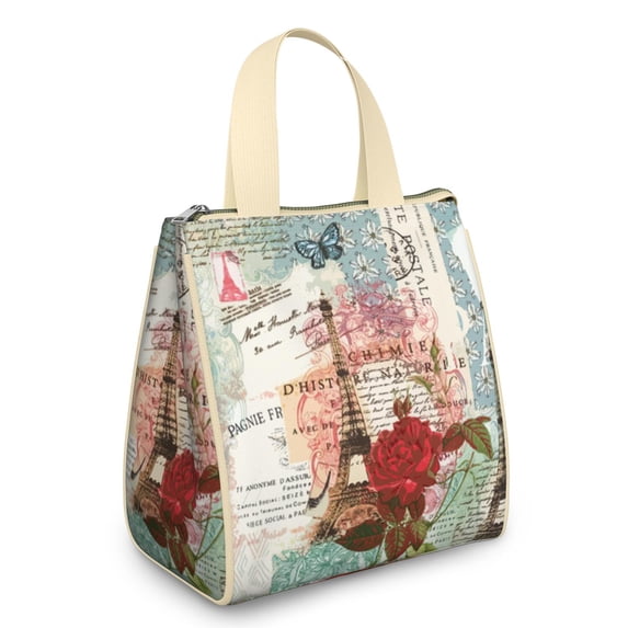 Small Womens Lunch Bag Beige Portable Soft Cooler Bags Reusable Lunch Bag for Women Work Picnic Insulated Traveling Lunch Box with Silver Insulated Interior Lining and Storage Pocket