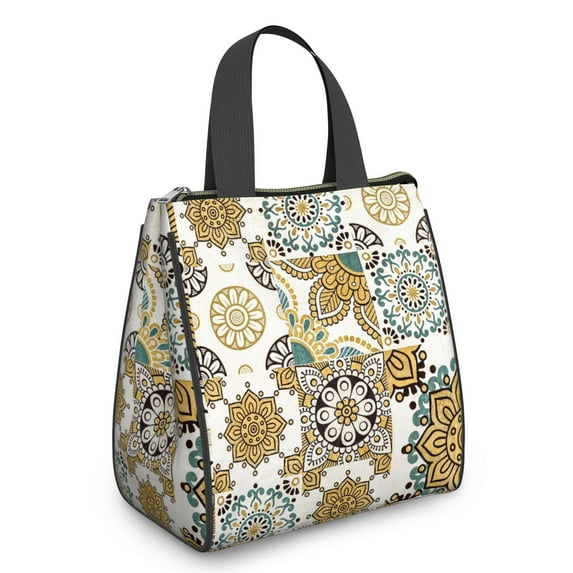 Small Womens Lunch Bag Boho Floral Portable Soft Cooler Bags Reusable Lunch Bag for Women Work Picnic Insulated Traveling Lunch Box with Silver Insulated Interior Lining and Storage Pocket