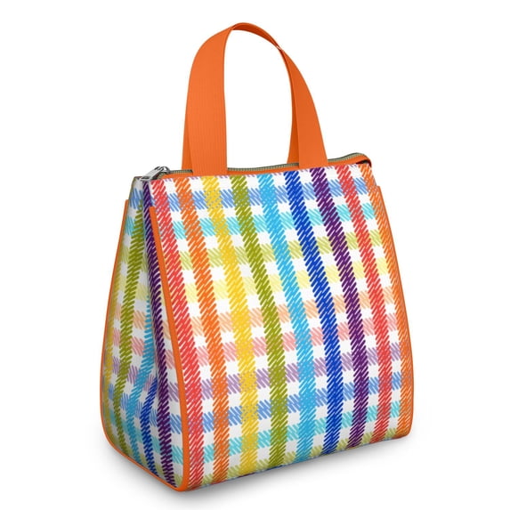 Small Womens Lunch Bag Rainbow Checkered Portable Soft Cooler Bags Reusable Lunch Bag for Women Work Picnic Insulated Traveling Lunch Box with Silver Insulated Interior Lining and Storage Pocket
