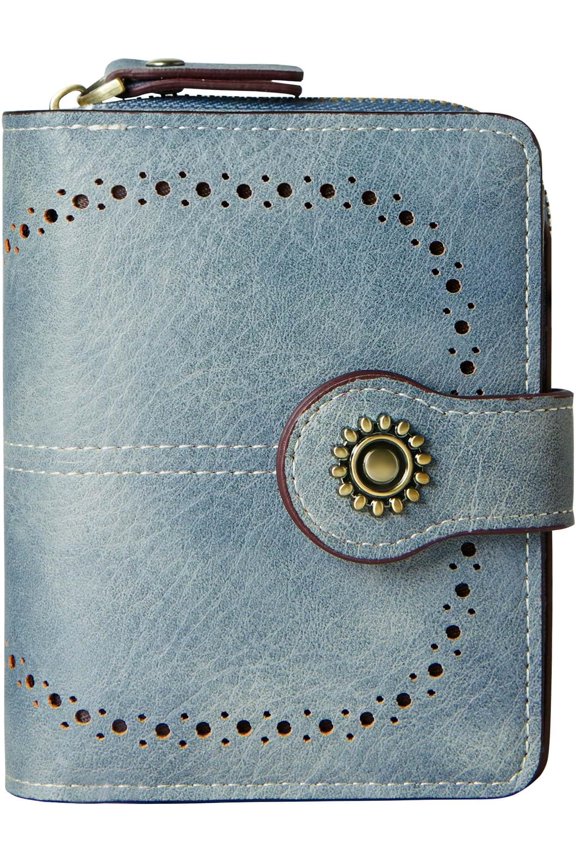 Small Womens Wallet Leather RFID Blocking Bifold Compact Card Holder Ladies Zipper Accordion Pocket with ID Window Blue
