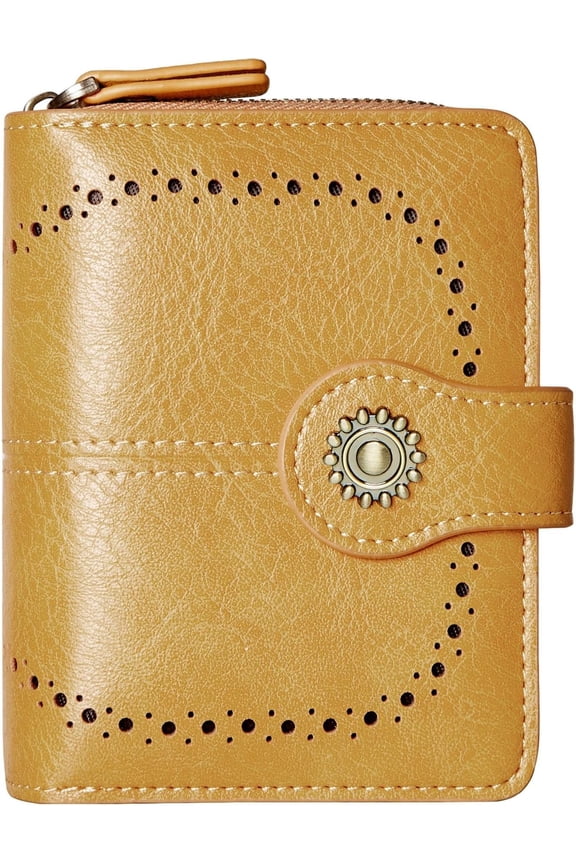 Small Womens Wallet Leather RFID Blocking Bifold Compact Card Holder Ladies Zipper Accordion Pocket with ID Window Yellow